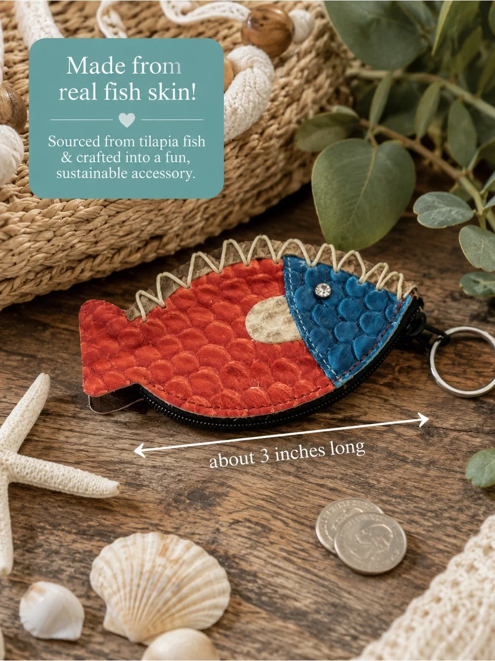 Col De Mar Genuine Tilapia Fish Leather Coin Purse Keychain